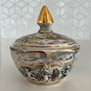 VINTAGE Pereiras Valado Porcelain Covered Oval Dish Cherubs Gold Trim Portugal